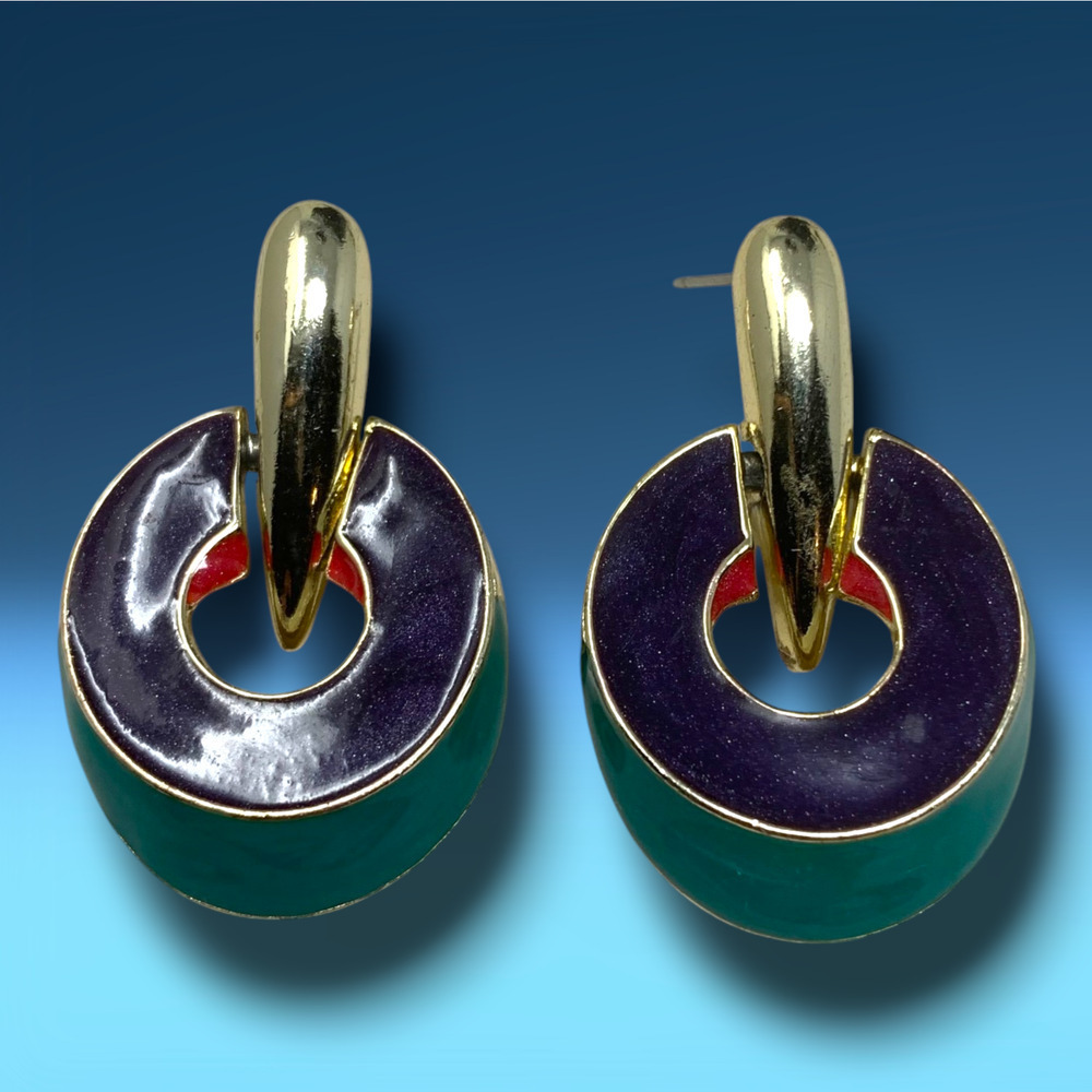Vintage 1980's Modernist Multicolor Enamel Doorknocker Earrings Pierced New Wave